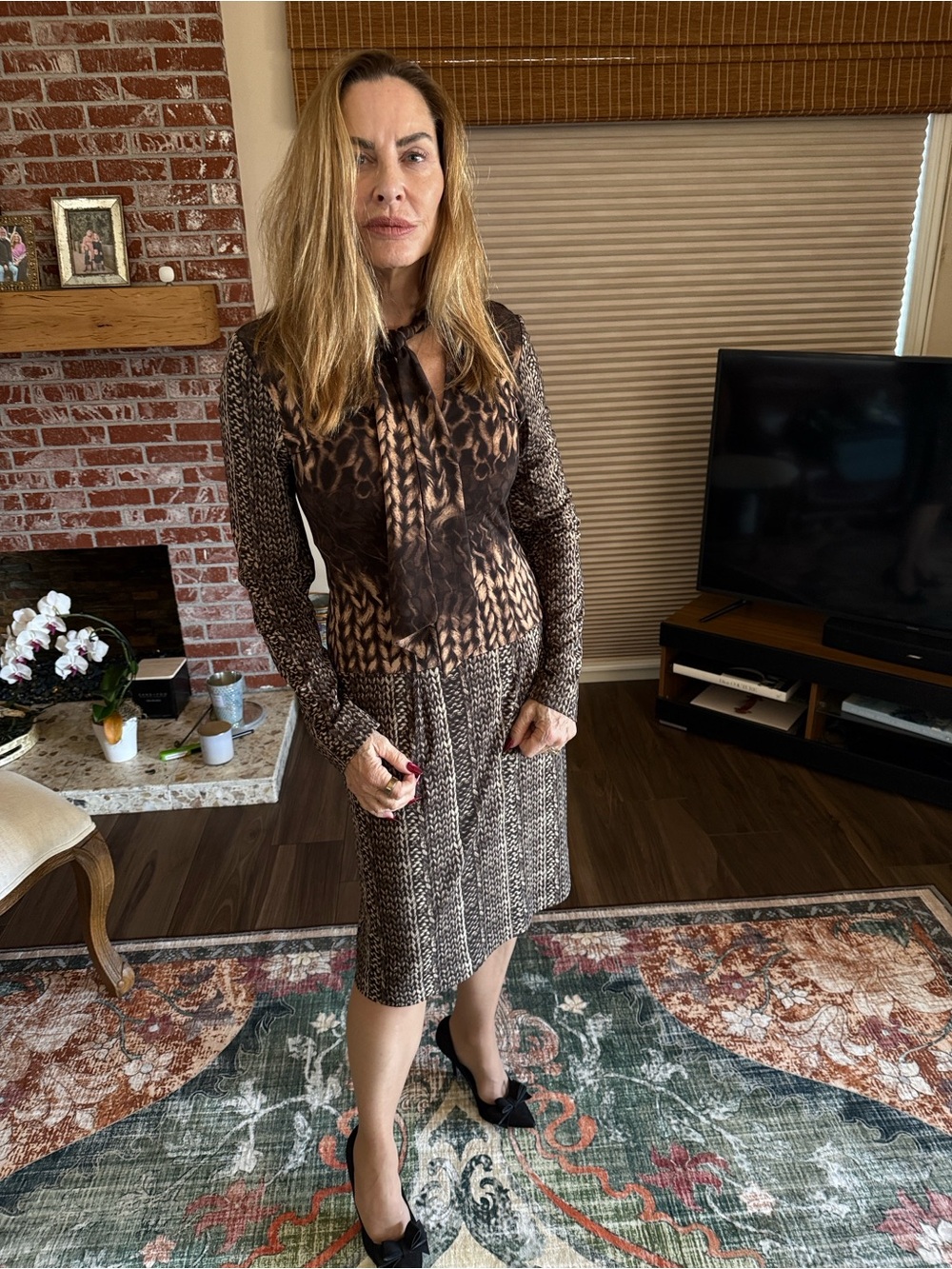 Brown Printed Long Sleeve Tie-Neck Midi Dress